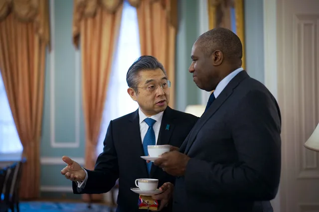 25/02/2025. London, United Kingdom. Foreign Secretary David Lammy with Japanese Ambassador to the UK Hiroshi Suzuki. Picture by Elliot Vick / FCDO. Business licences channel strategy: choosing routes