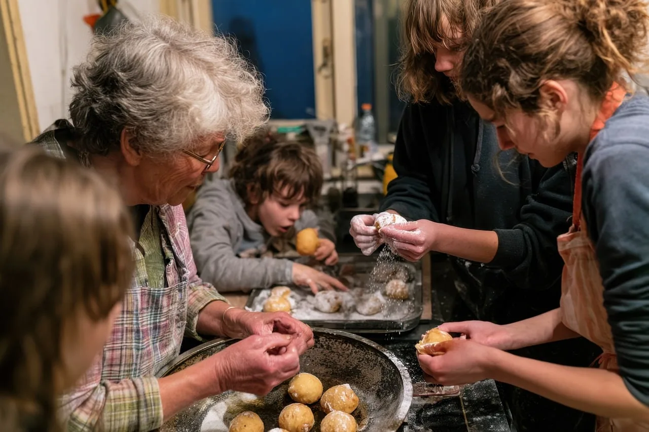 family, baking, cooking, kitchen, home, grandmother, child, parent, adult, dough, food, preparation, homemade, traditional, candid, intimate, documentary, lifestyle, domestic, activity